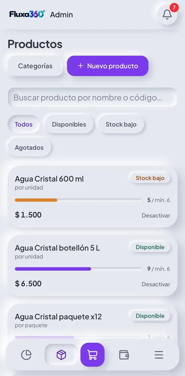 Lista de productos de Fluxa Stock con filtros, categorías y barras de existencias