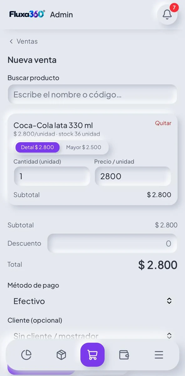 Pantalla de Nueva venta de Fluxa Stock con precio al detal y al por mayor, descuento y método de pago